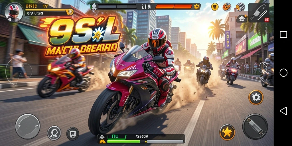 Tampilan gameplay <strong>9SL</strong> yang intens dan mendebarkan saat balap motor.