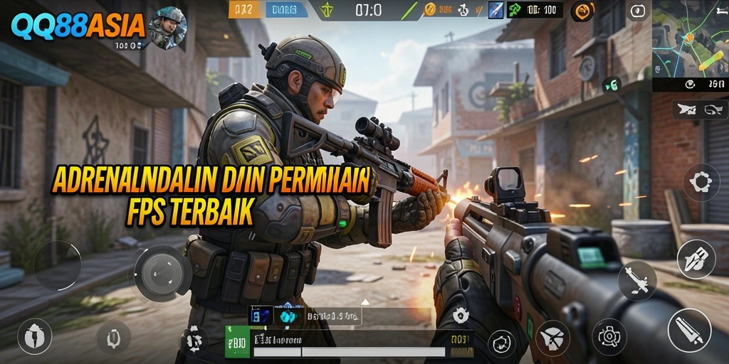 Screenshot gameplay QQ88ASIA yang menampilkan aksi seru dalam pertempuran FPS.