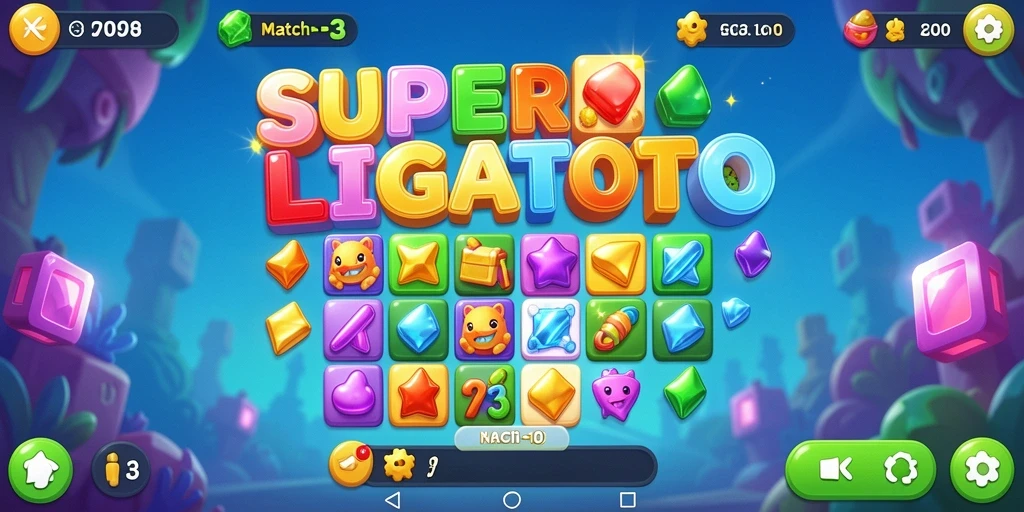 Tampilan gameplay SUPERLIGATOTO yang menarik dalam game Match-3.