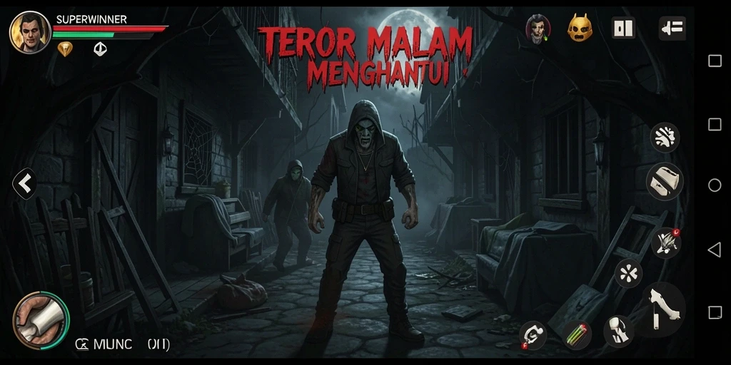 Screenshot utama SUPERWINNER menampilkan suasana gelap dan misterius.
